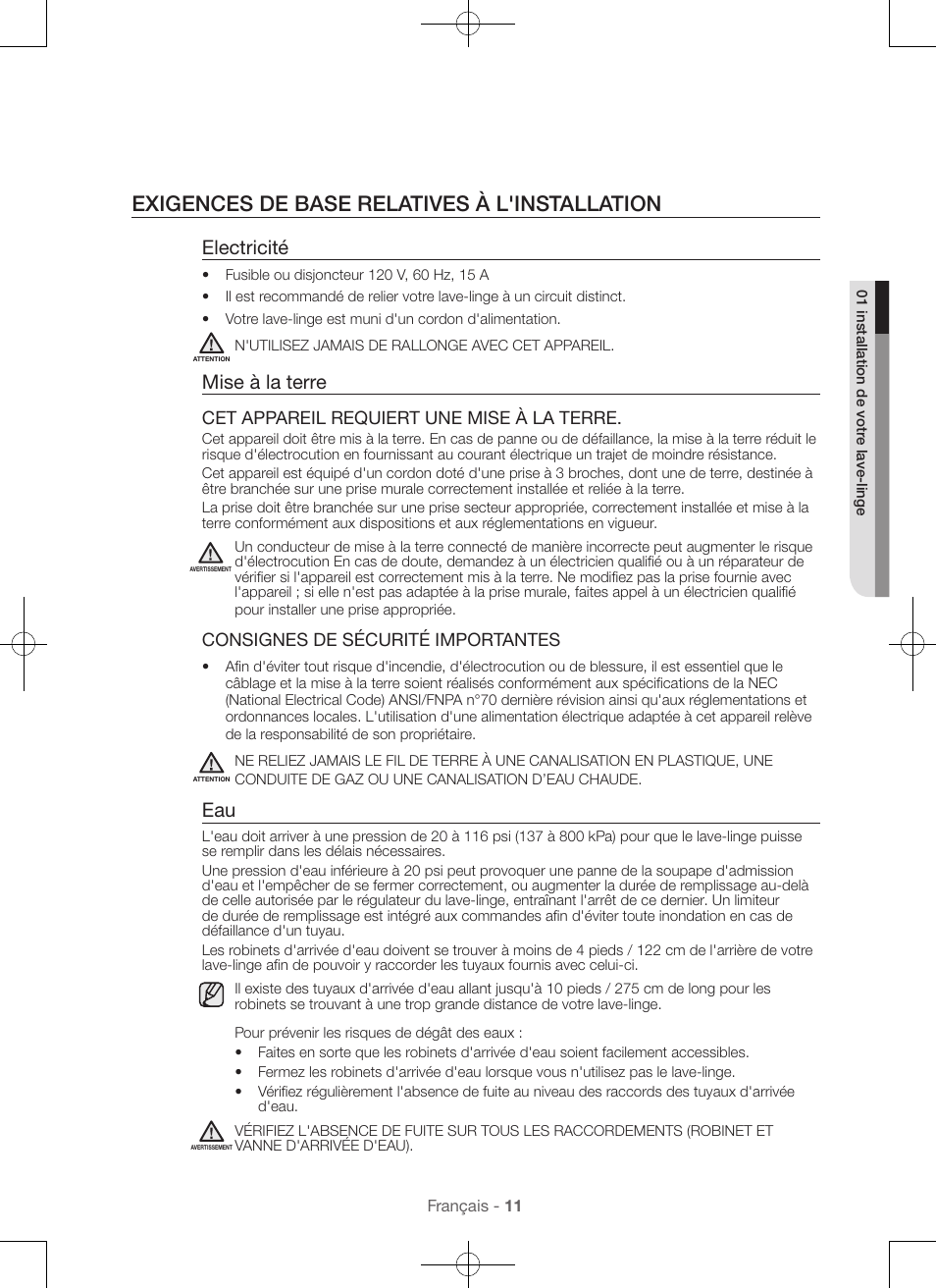 Exigences de base relatives à l'installation, Electricité, Mise à la terre | Samsung WA45H7000AW-A2 User Manual | Page 55 / 132