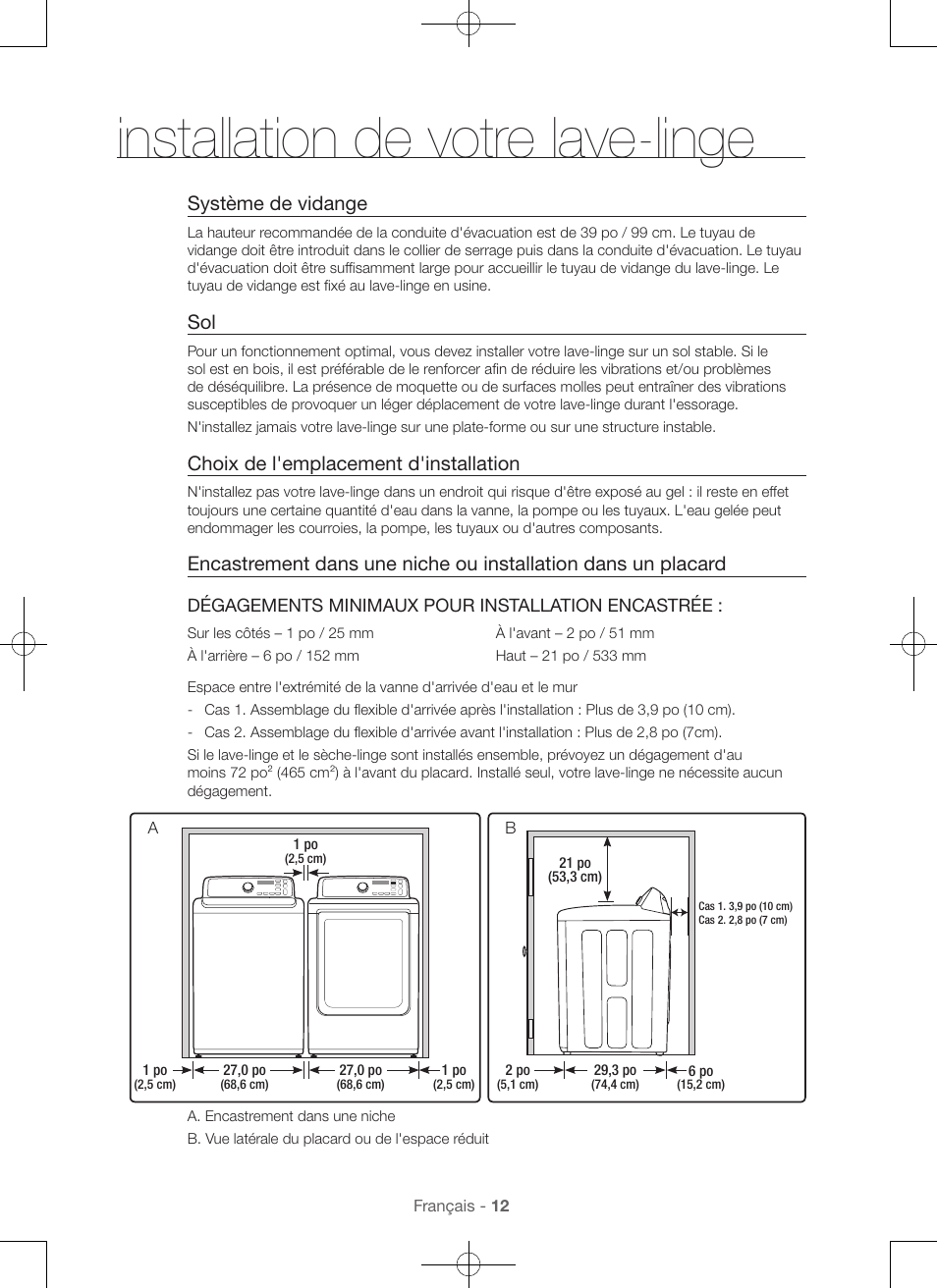 Installation de votre lave-linge, Système de vidange, Choix de l'emplacement d'installation | Samsung WA45H7000AW-A2 User Manual | Page 56 / 132