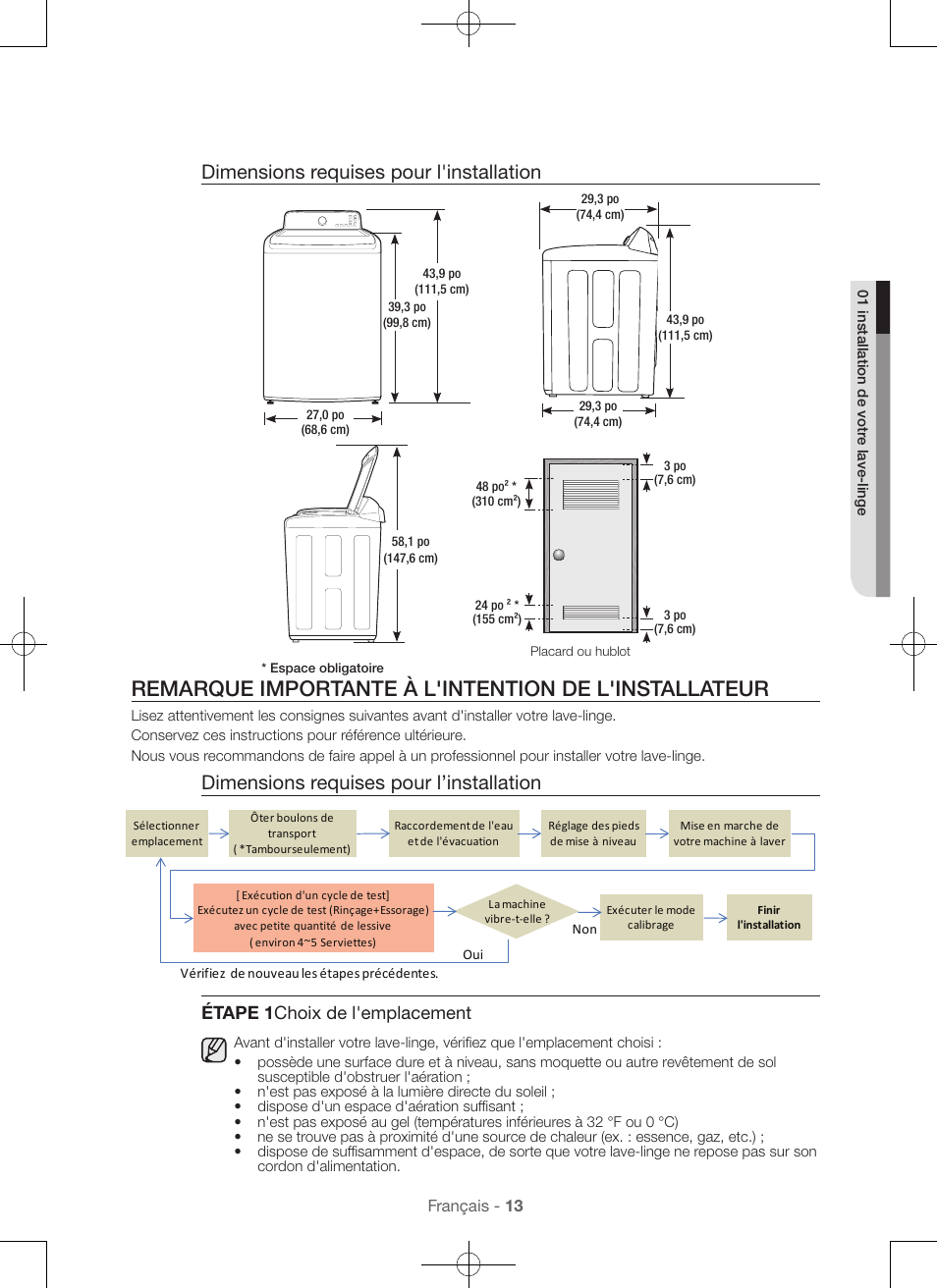 Dimensions requises pour l'installation, Dimensions requises pour l’installation, Étape 1 choix de l'emplacement | Samsung WA45H7000AW-A2 User Manual | Page 57 / 132