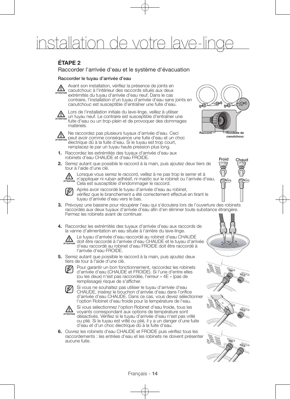 Installation de votre lave-linge | Samsung WA45H7000AW-A2 User Manual | Page 58 / 132