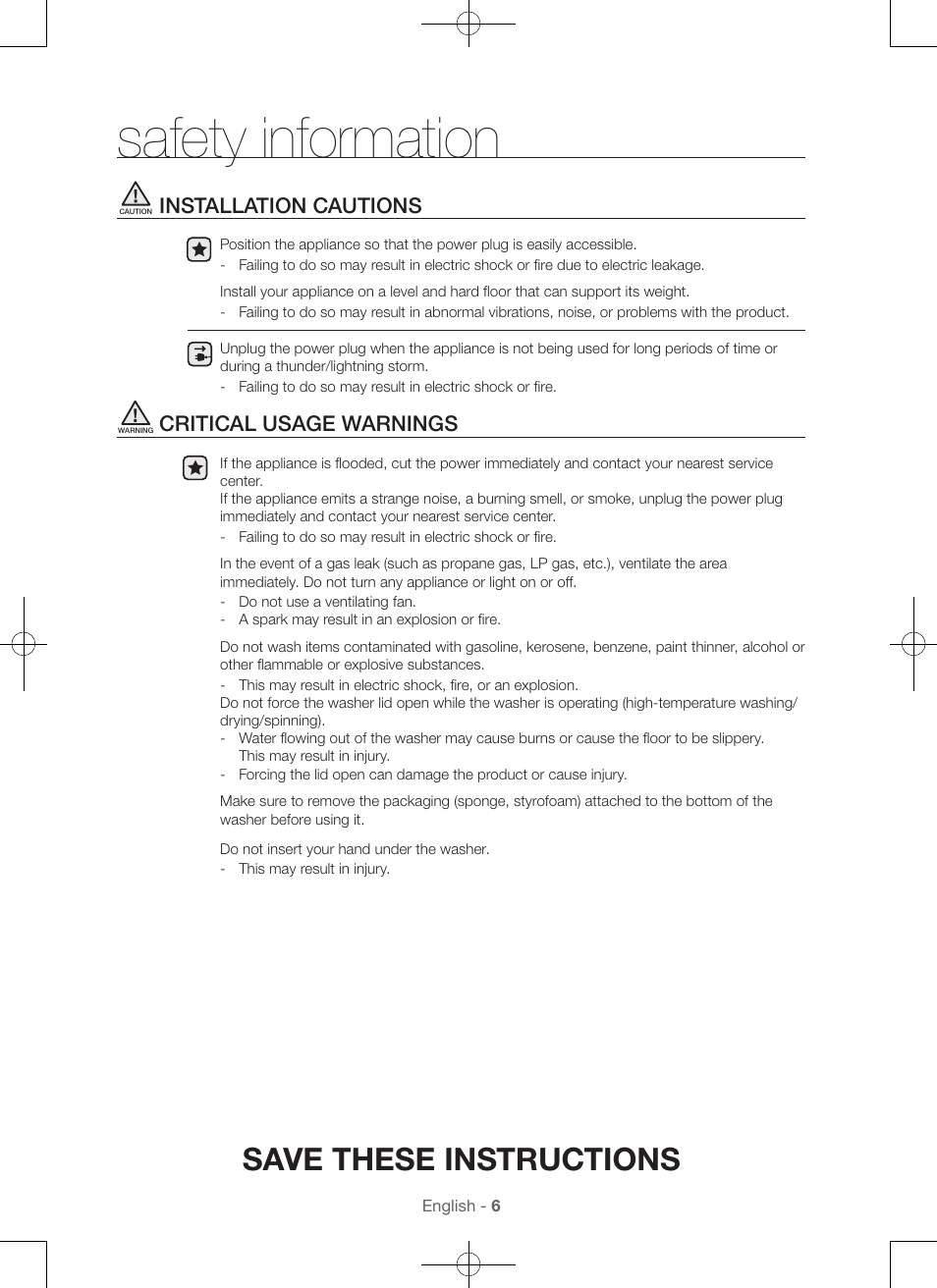 Safety information, Save these instructions, Installation cautions | Critical usage warnings | Samsung WA45H7000AW-A2 User Manual | Page 6 / 132