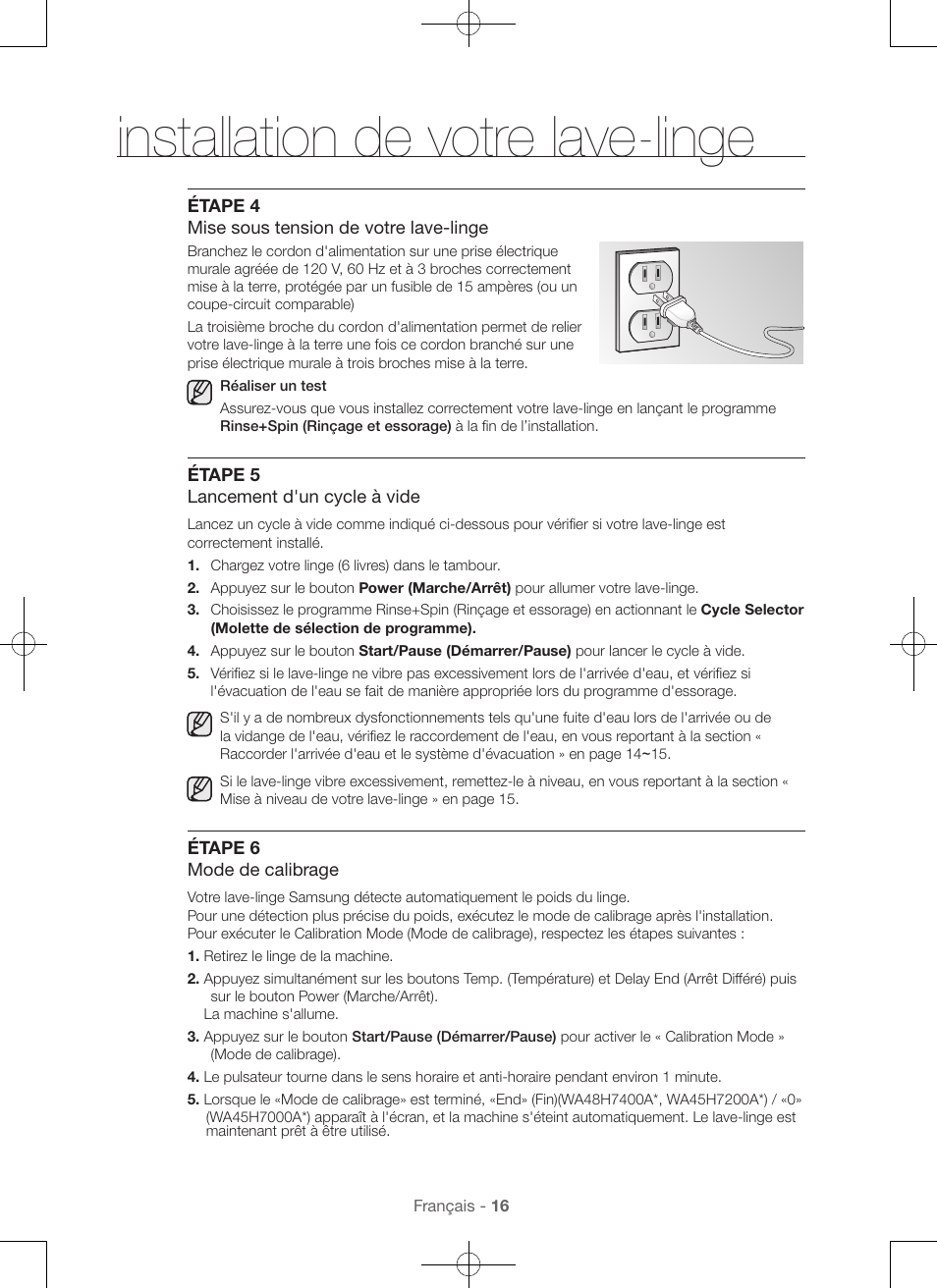 Installation de votre lave-linge | Samsung WA45H7000AW-A2 User Manual | Page 60 / 132