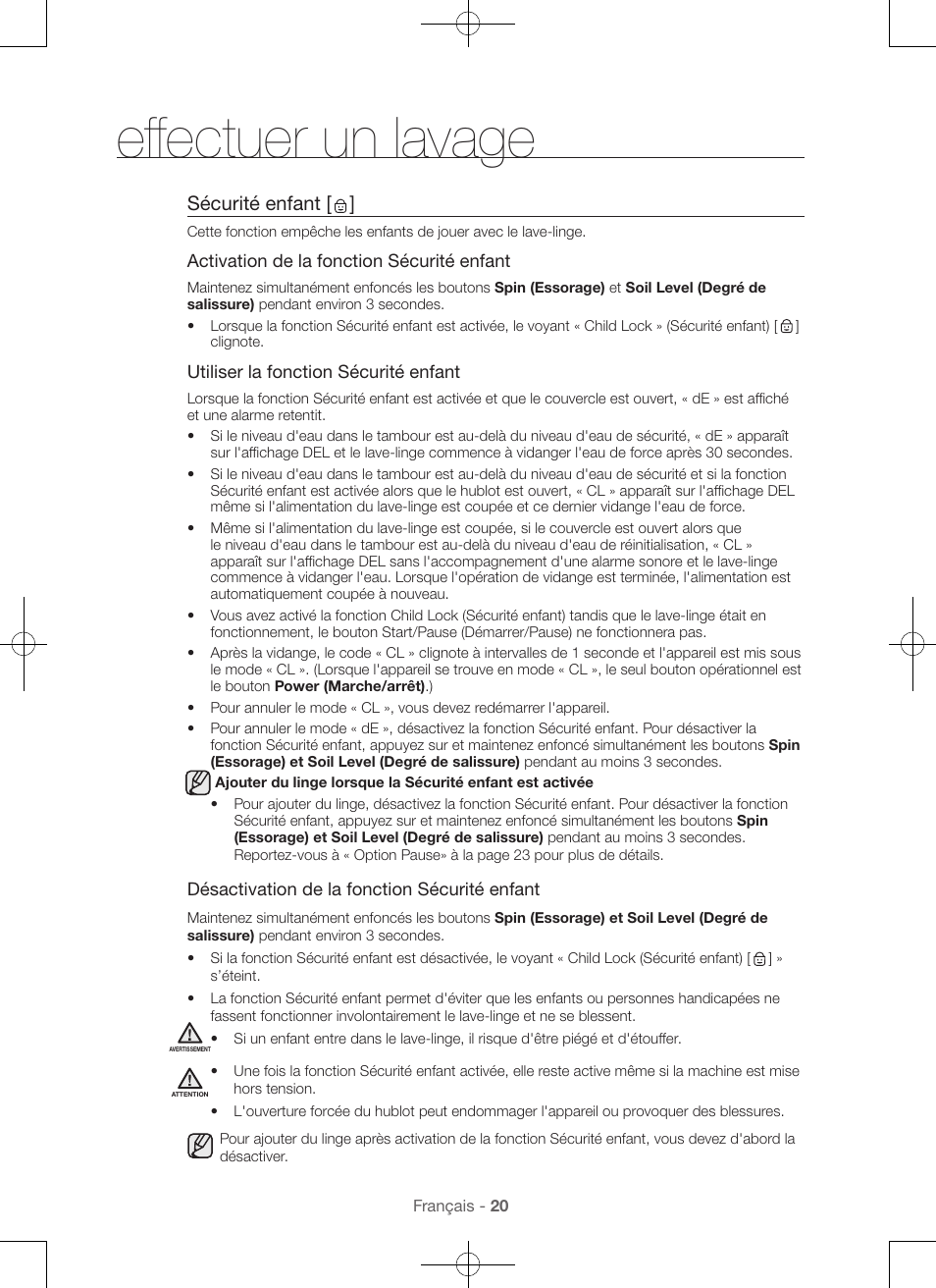 Effectuer un lavage, Sécurité enfant | Samsung WA45H7000AW-A2 User Manual | Page 64 / 132