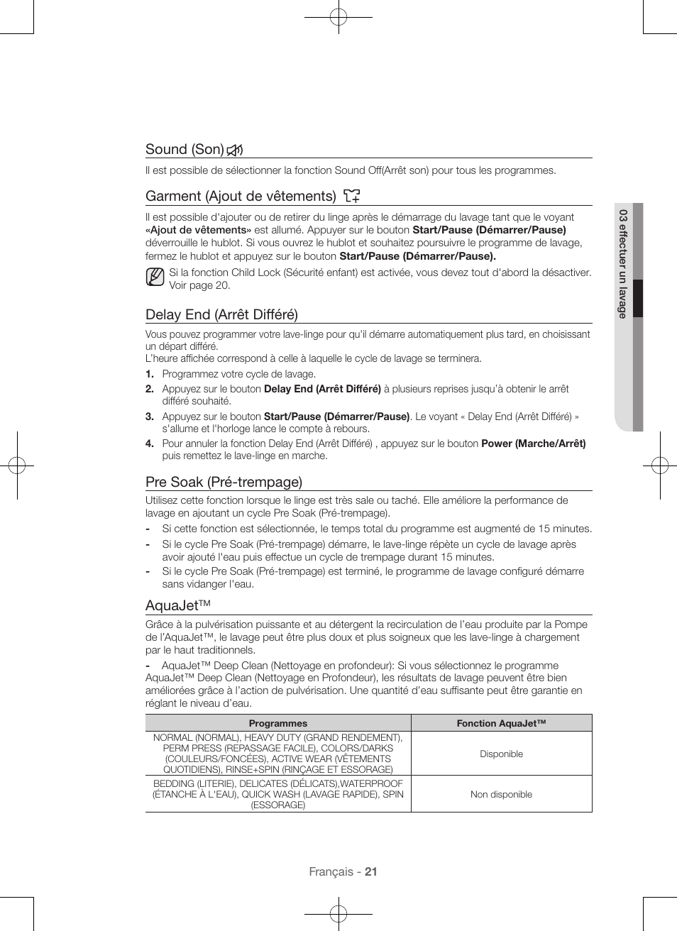 Sound (son), Garment (ajout de vêtements), Delay end (arrêt différé) | Pre soak (pré-trempage), Aquajet | Samsung WA45H7000AW-A2 User Manual | Page 65 / 132