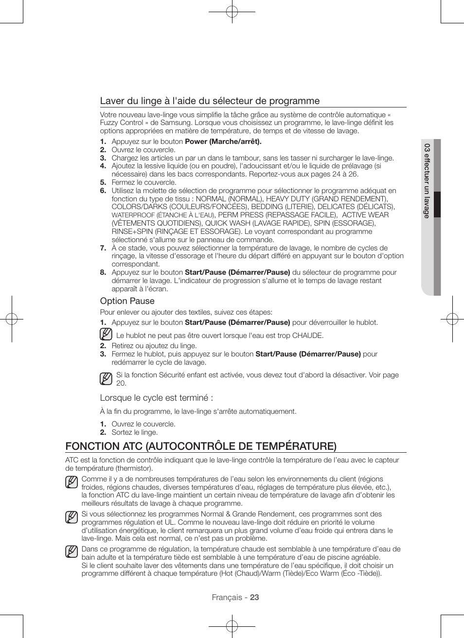 Fonction atc (autocontrôle de température), Laver du linge à l'aide du sélecteur de programme | Samsung WA45H7000AW-A2 User Manual | Page 67 / 132