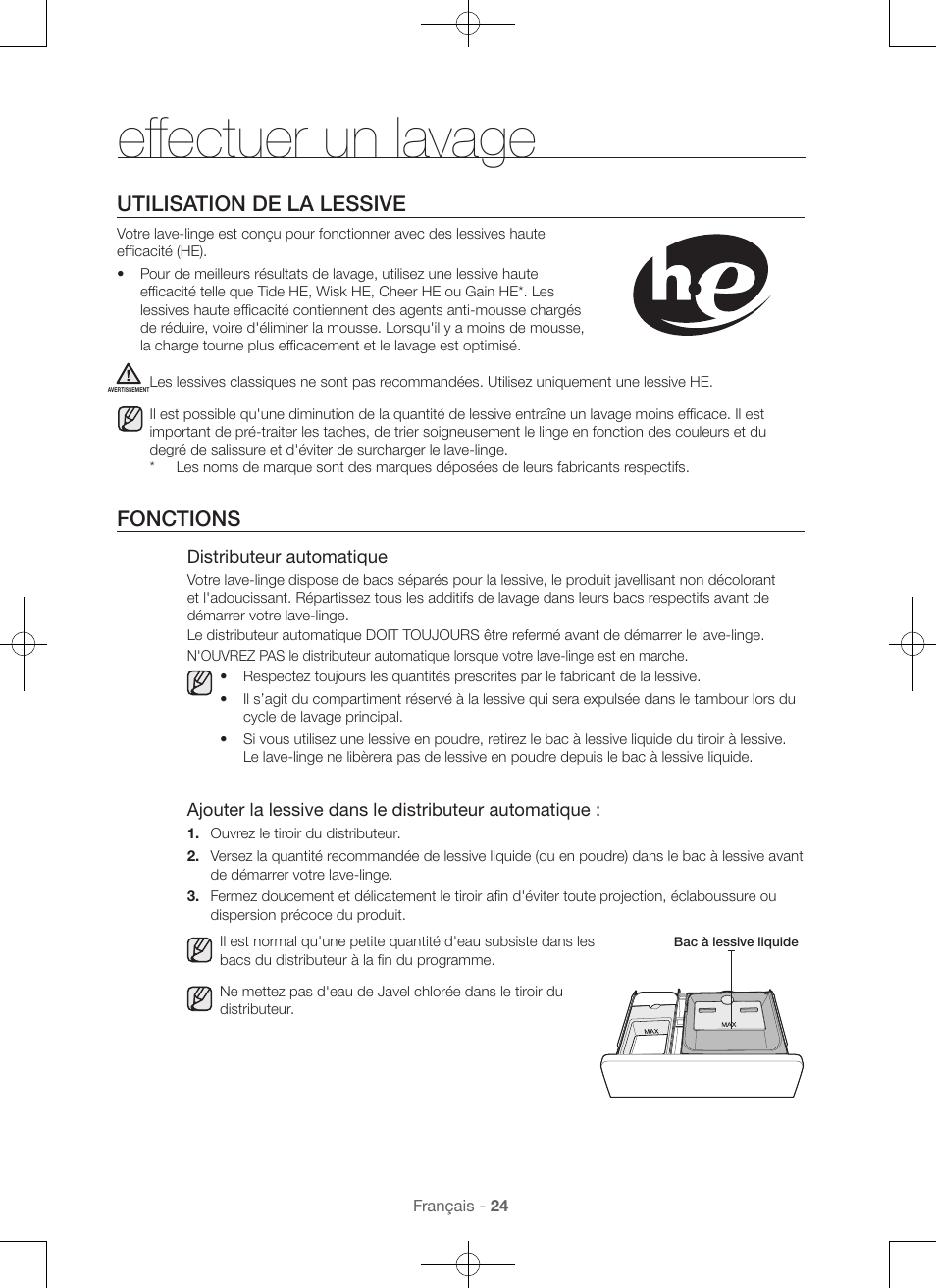 Effectuer un lavage, Utilisation de la lessive, Fonctions | Samsung WA45H7000AW-A2 User Manual | Page 68 / 132