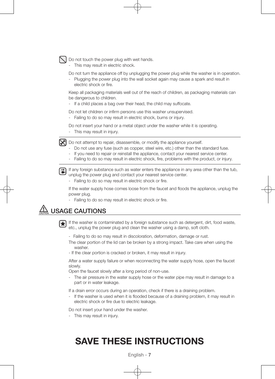 Save these instructions, Usage cautions | Samsung WA45H7000AW-A2 User Manual | Page 7 / 132