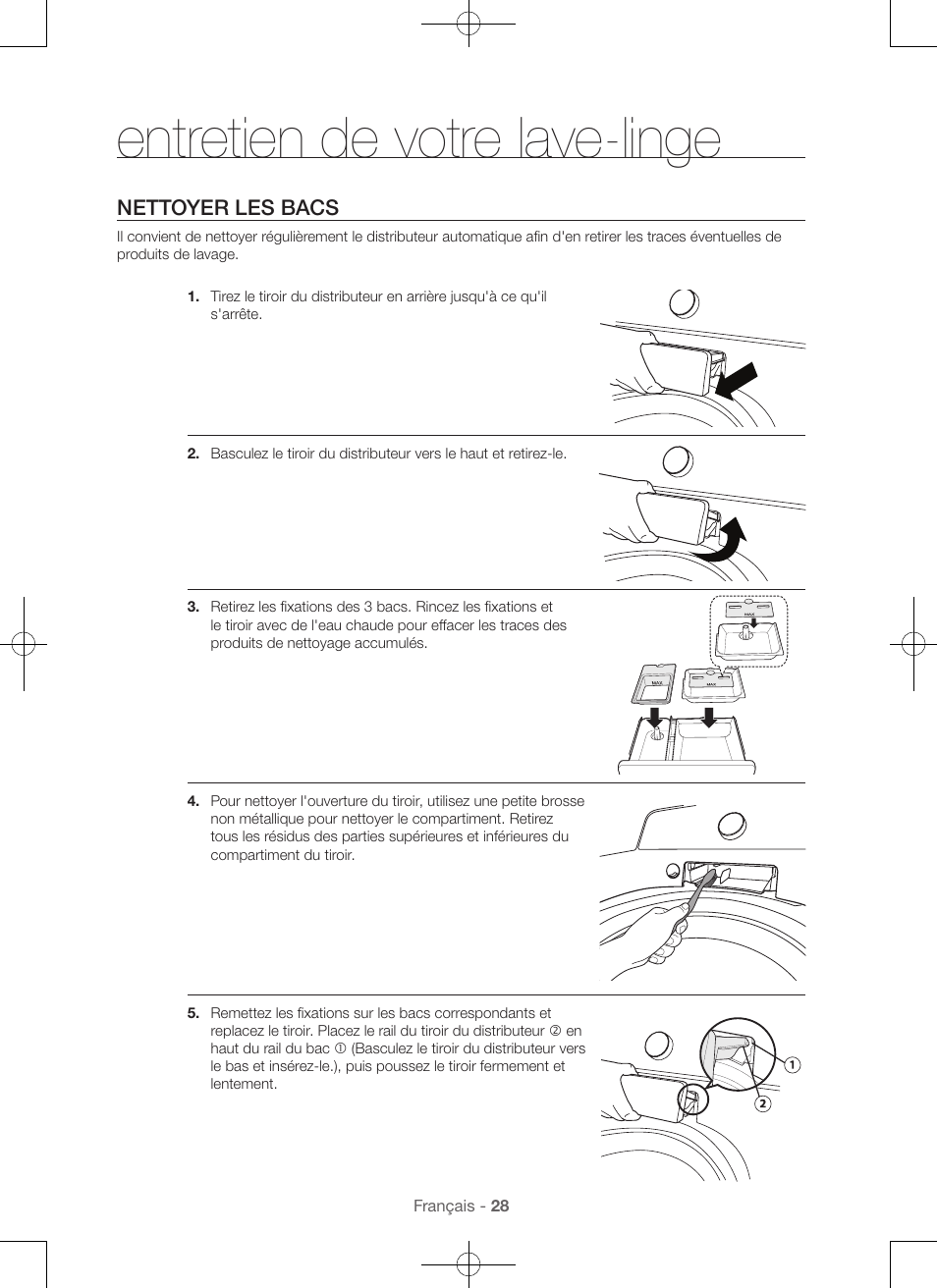 Entretien de votre lave-linge, Nettoyer les bacs | Samsung WA45H7000AW-A2 User Manual | Page 72 / 132