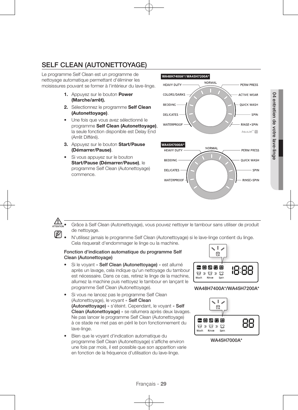 Self clean (autonettoyage) | Samsung WA45H7000AW-A2 User Manual | Page 73 / 132