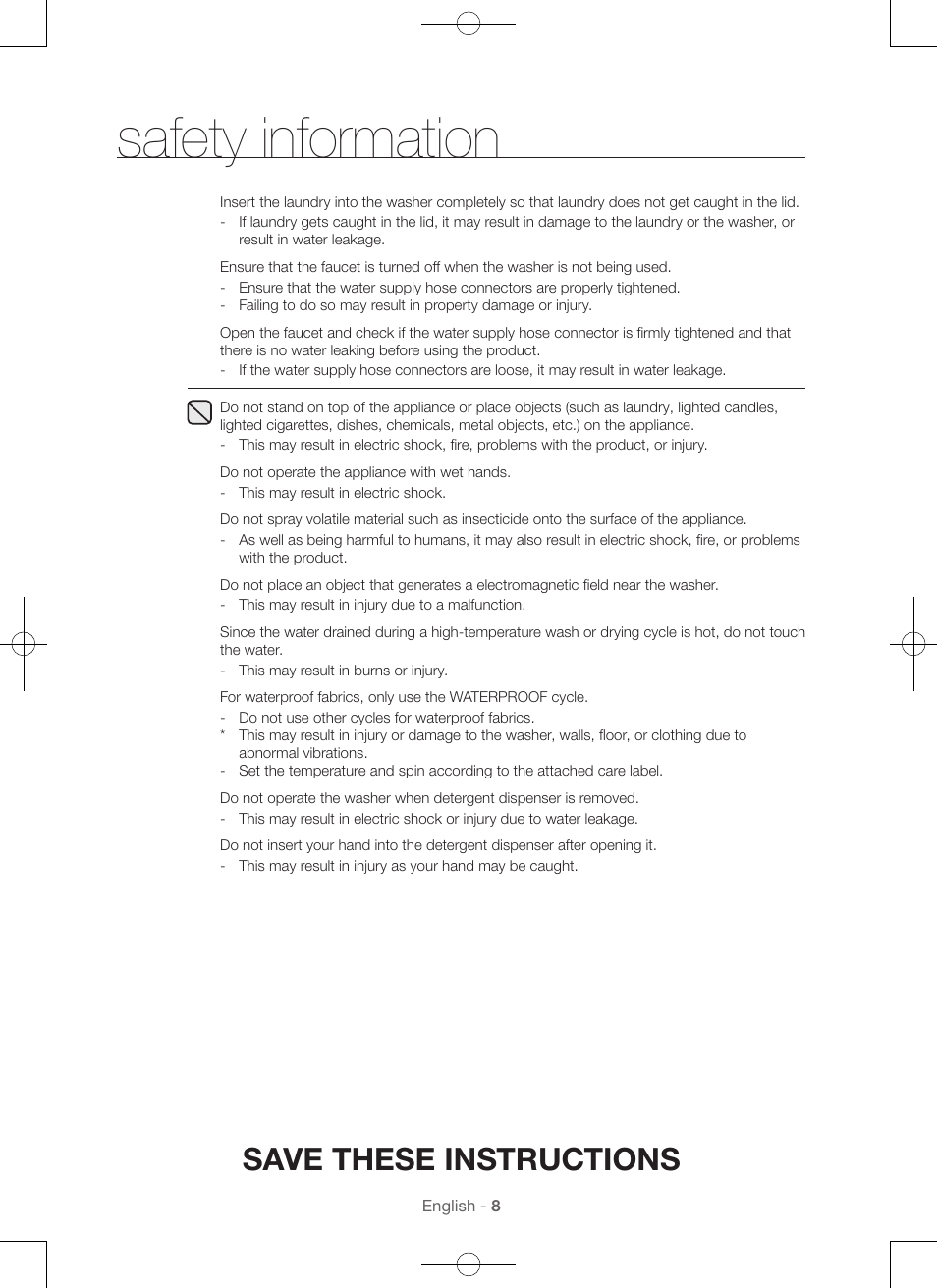 Safety information, Save these instructions | Samsung WA45H7000AW-A2 User Manual | Page 8 / 132