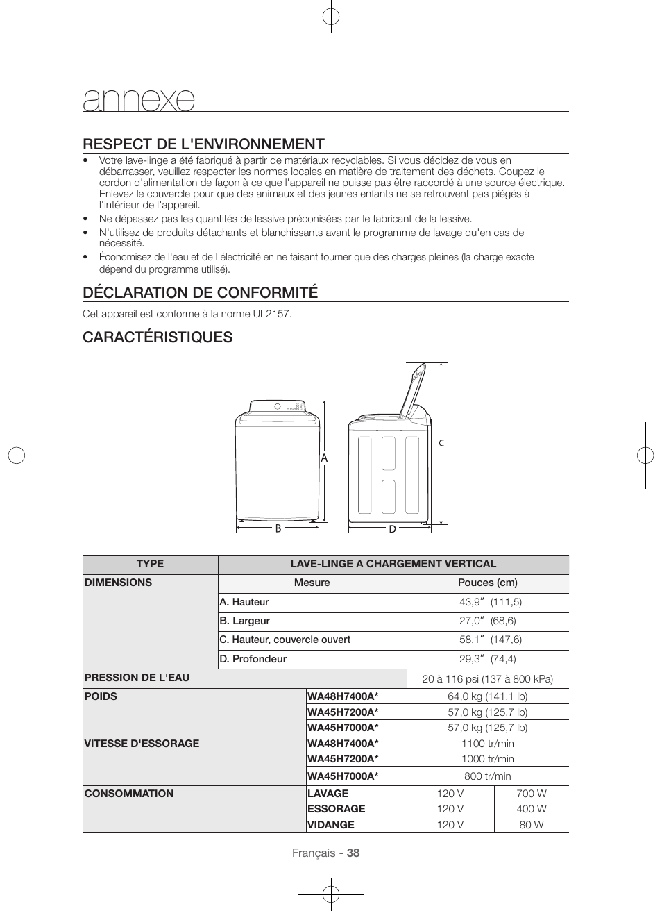 Annexe, Respect de l'environnement, Déclaration de conformité | Caractéristiques | Samsung WA45H7000AW-A2 User Manual | Page 82 / 132