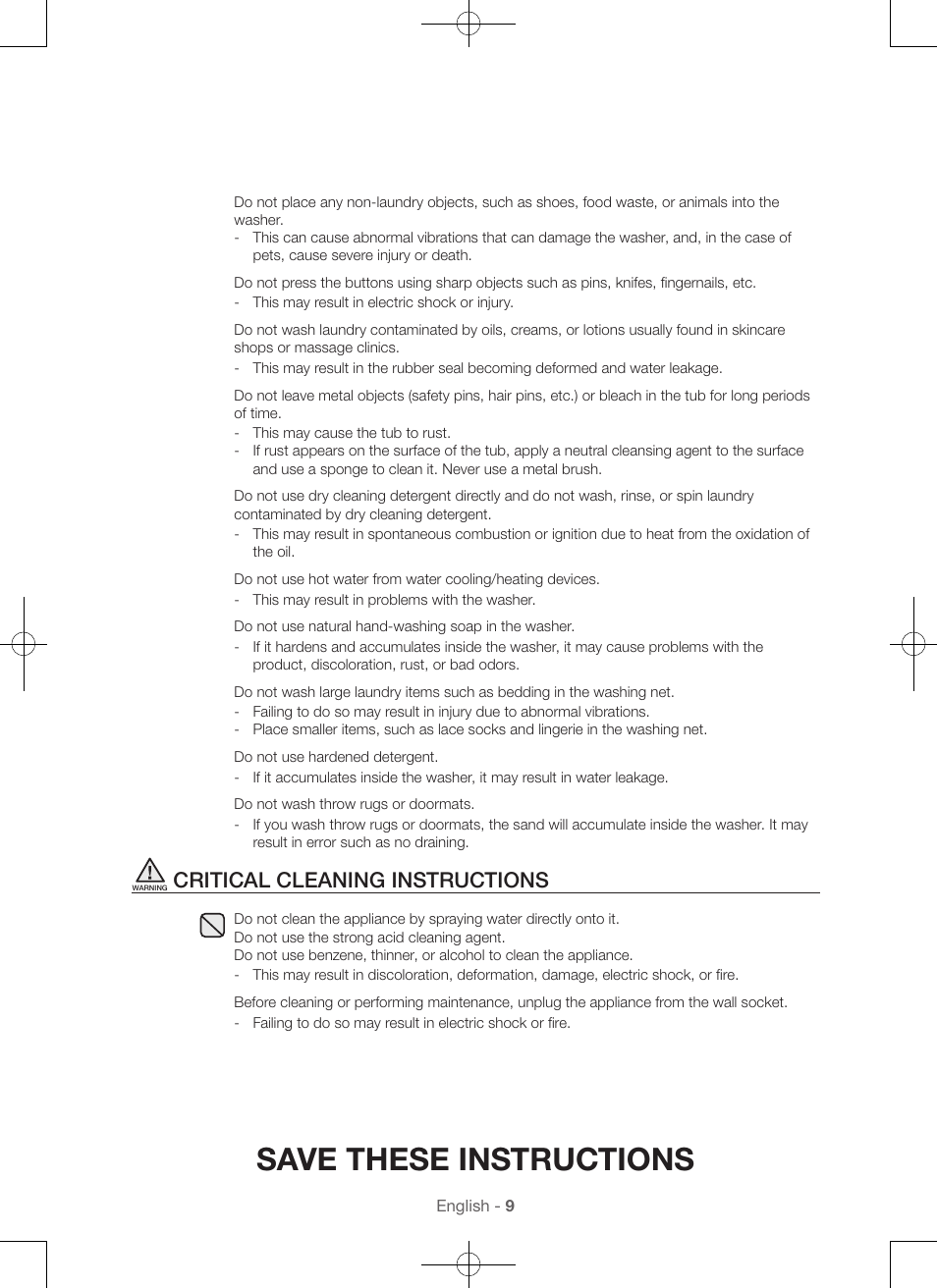 Save these instructions, Critical cleaning instructions | Samsung WA45H7000AW-A2 User Manual | Page 9 / 132