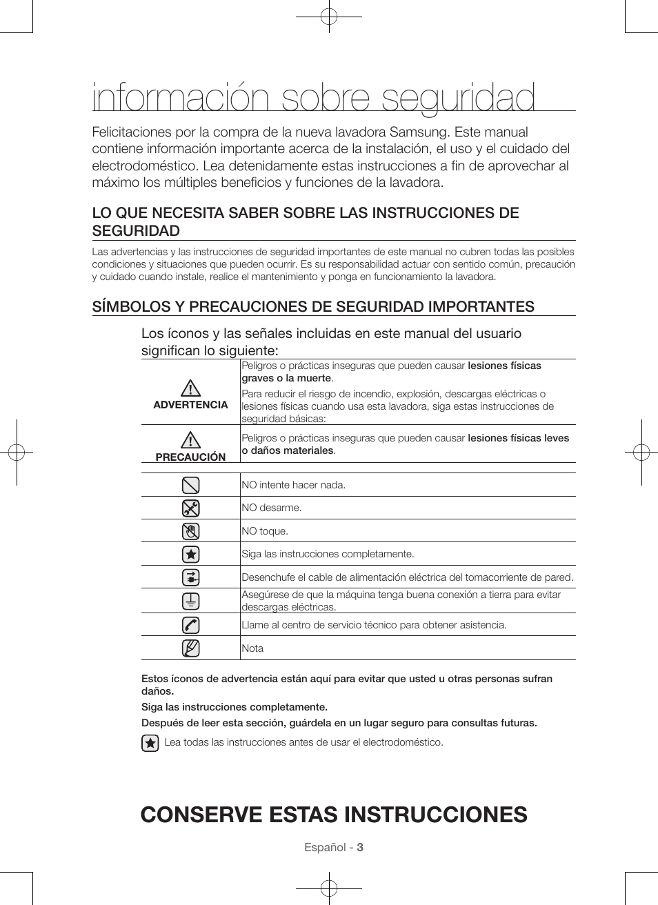 Información sobre seguridad, Conserve estas instrucciones | Samsung WA45H7000AW-A2 User Manual | Page 91 / 132