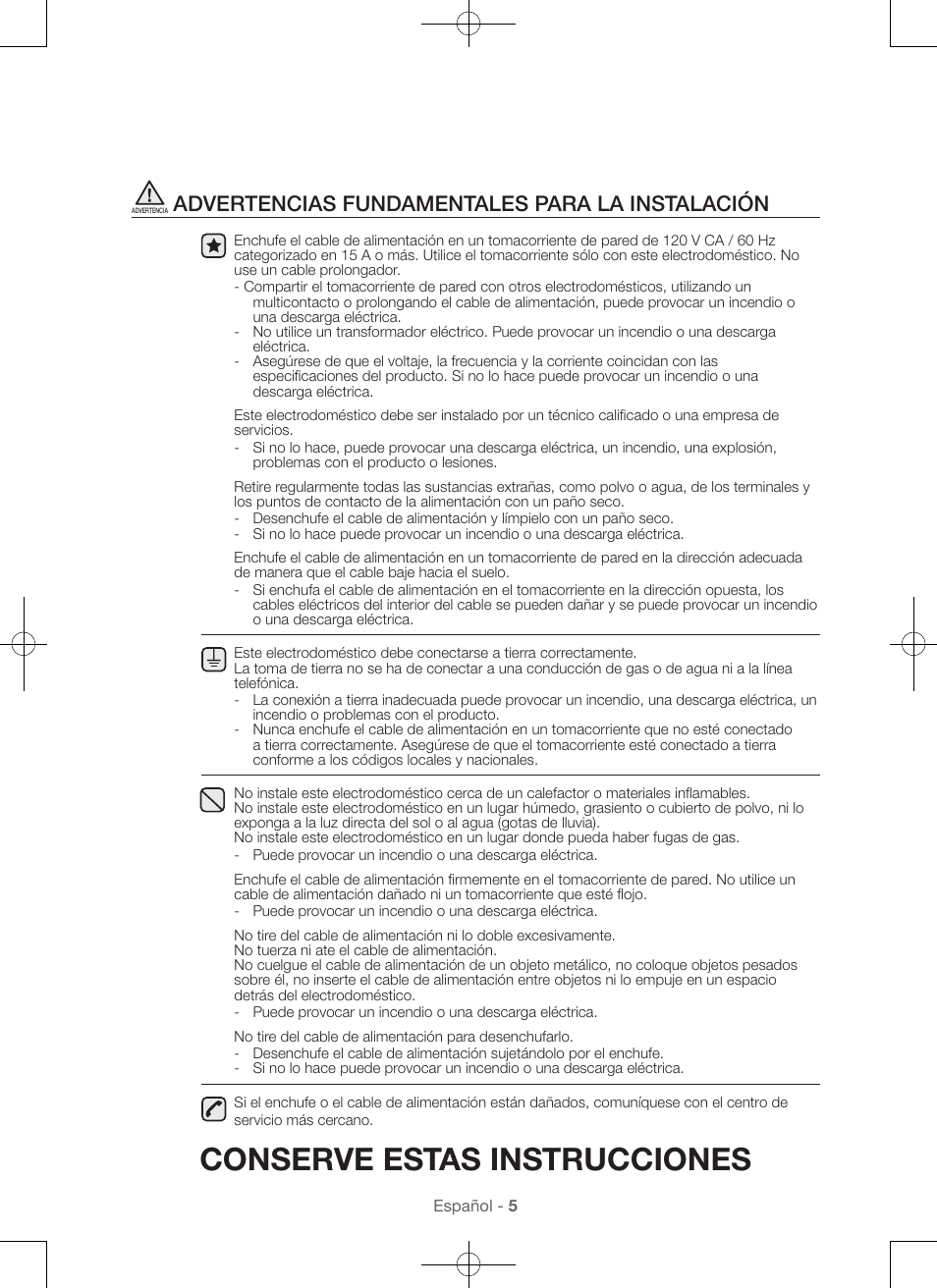 Conserve estas instrucciones, Advertencias fundamentales para la instalación | Samsung WA45H7000AW-A2 User Manual | Page 93 / 132