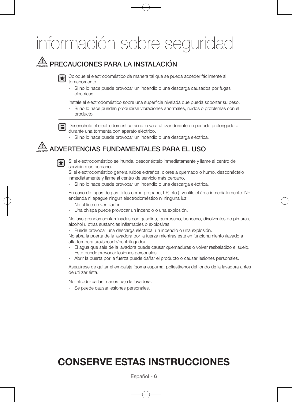 Información sobre seguridad, Conserve estas instrucciones, Precauciones para la instalación | Advertencias fundamentales para el uso | Samsung WA45H7000AW-A2 User Manual | Page 94 / 132