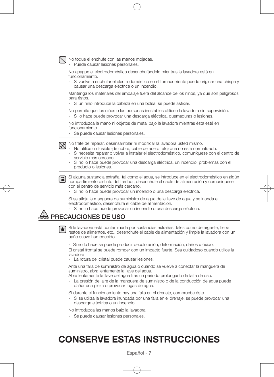 Conserve estas instrucciones, Precauciones de uso | Samsung WA45H7000AW-A2 User Manual | Page 95 / 132