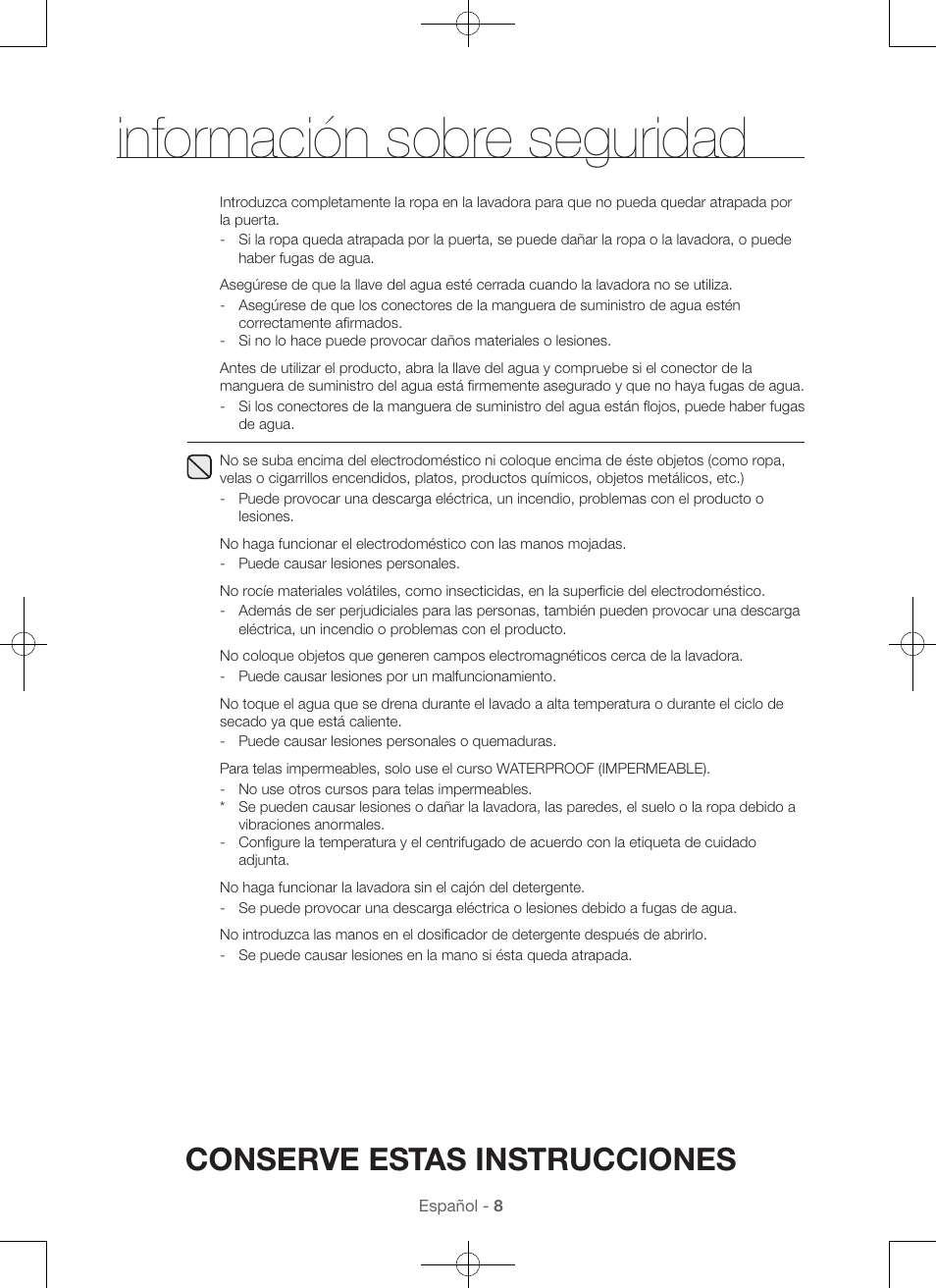 Información sobre seguridad, Conserve estas instrucciones | Samsung WA45H7000AW-A2 User Manual | Page 96 / 132