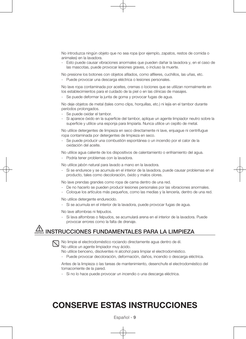 Conserve estas instrucciones, Instrucciones fundamentales para la limpieza | Samsung WA45H7000AW-A2 User Manual | Page 97 / 132