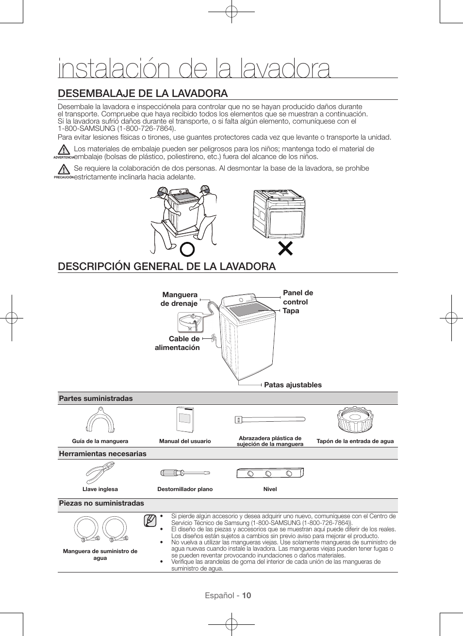 Instalación de la lavadora, Desembalaje de la lavadora, Descripción general de la lavadora | Samsung WA45H7000AW-A2 User Manual | Page 98 / 132