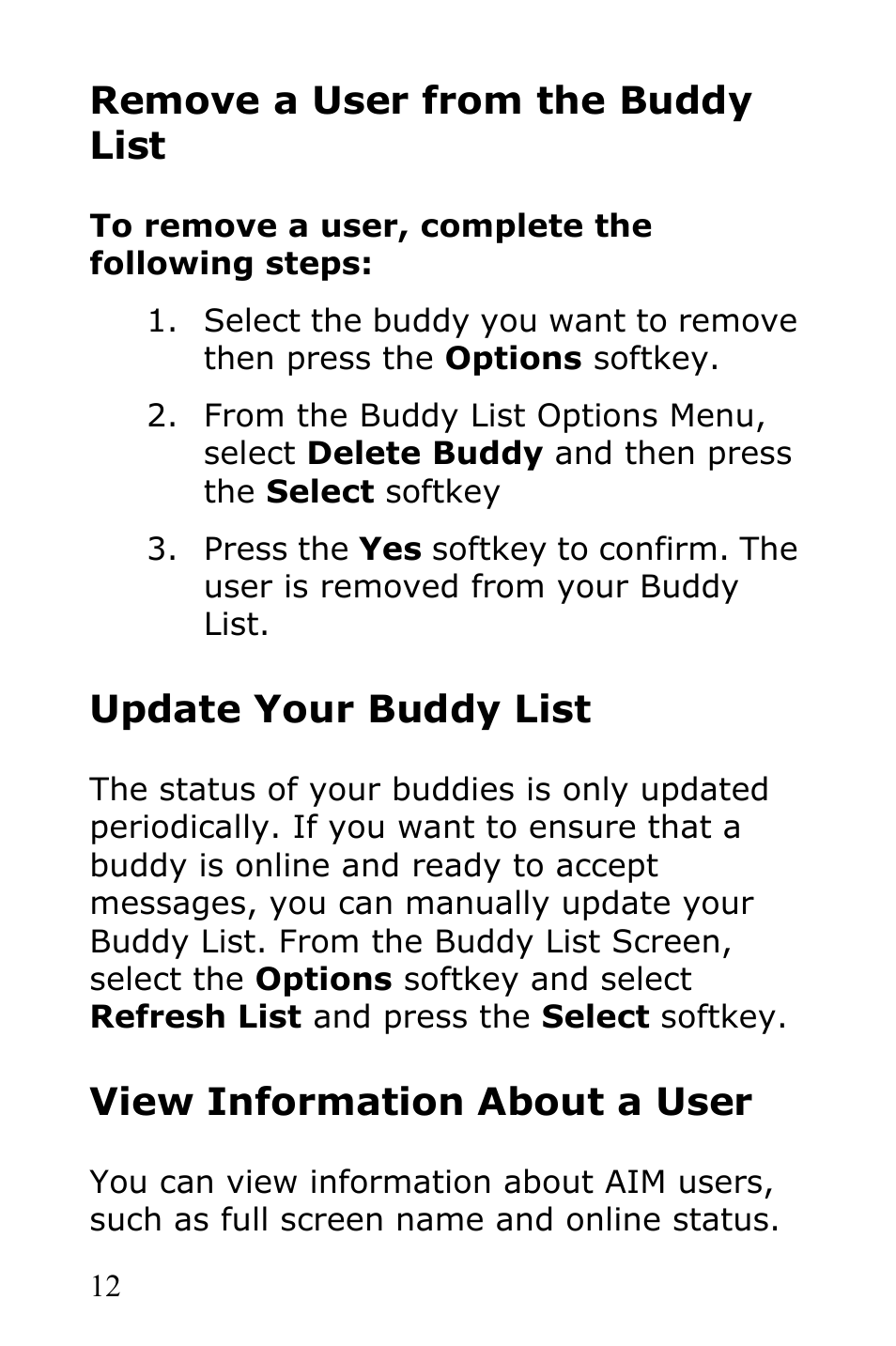 Remove a user from the buddy list, Update your buddy list, View information about a user | Samsung SGH-R225LV-XAR User Manual | Page 16 / 34