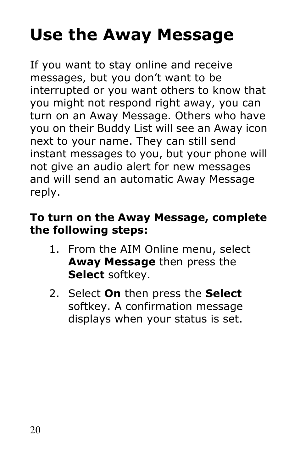 Use the away message | Samsung SGH-R225LV-XAR User Manual | Page 24 / 34