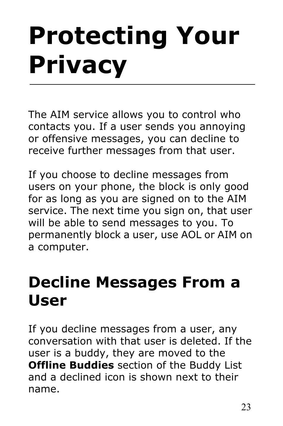 Protecting your privacy, Decline messages from a user | Samsung SGH-R225LV-XAR User Manual | Page 27 / 34