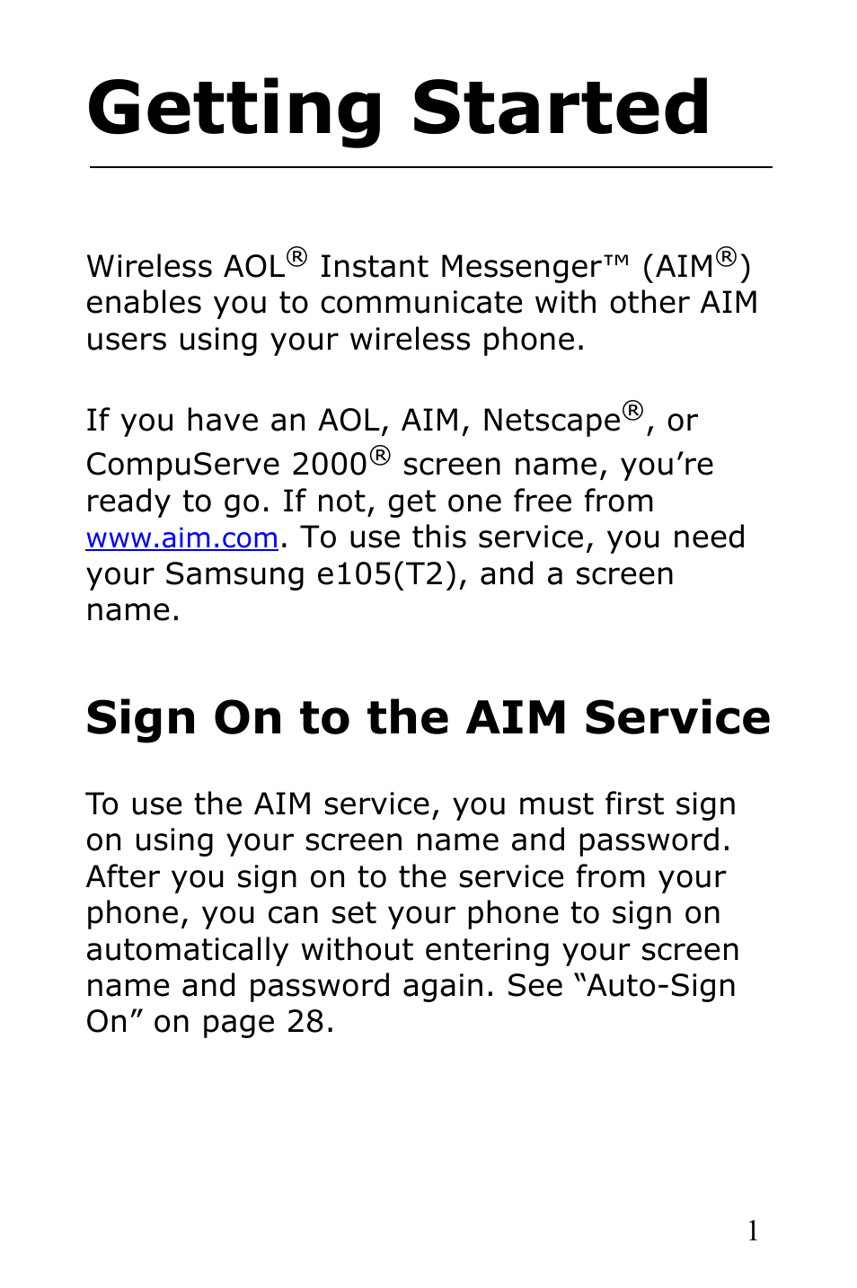 Getting started, Sign on to the aim service | Samsung SGH-R225LV-XAR User Manual | Page 5 / 34