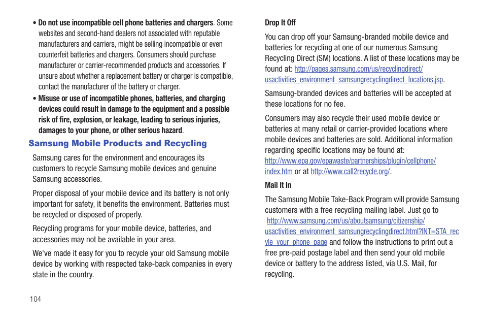 Samsung mobile products and recycling | Samsung SCH-I100ZKAXAR User Manual | Page 108 / 130
