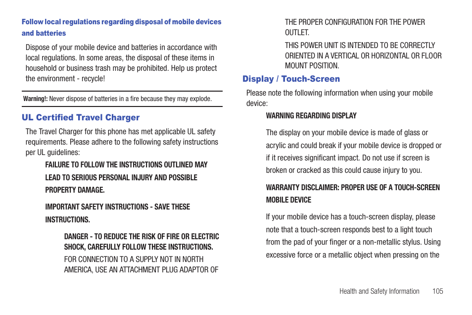 Ul certified travel charger, Display / touch-screen, Ul certified travel charger display / touch-screen | Samsung SCH-I100ZKAXAR User Manual | Page 109 / 130