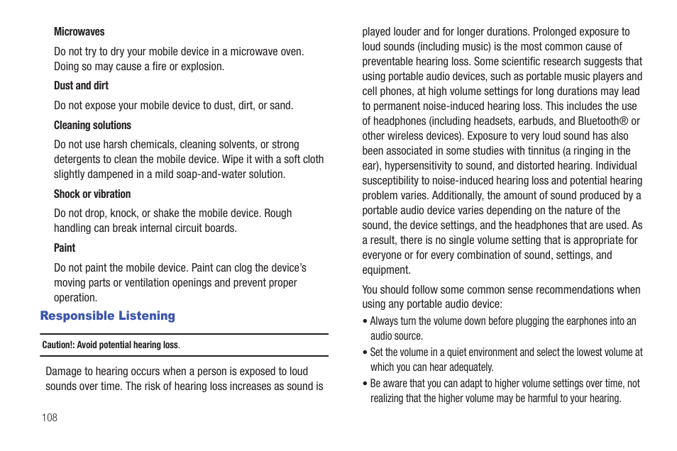 Responsible listening | Samsung SCH-I100ZKAXAR User Manual | Page 112 / 130