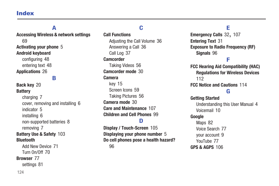 Index | Samsung SCH-I100ZKAXAR User Manual | Page 128 / 130