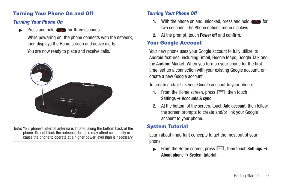 Turning your phone on and off, Your google account, System tutorial | Samsung SCH-I100ZKAXAR User Manual | Page 13 / 130