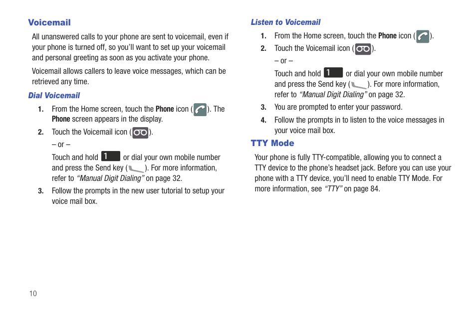 Voicemail, Tty mode, Voicemail tty mode | Samsung SCH-I100ZKAXAR User Manual | Page 14 / 130