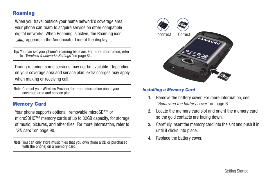 Roaming, Memory card, Roaming memory card | Samsung SCH-I100ZKAXAR User Manual | Page 15 / 130
