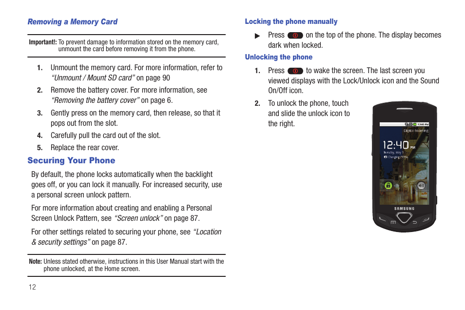 Securing your phone | Samsung SCH-I100ZKAXAR User Manual | Page 16 / 130