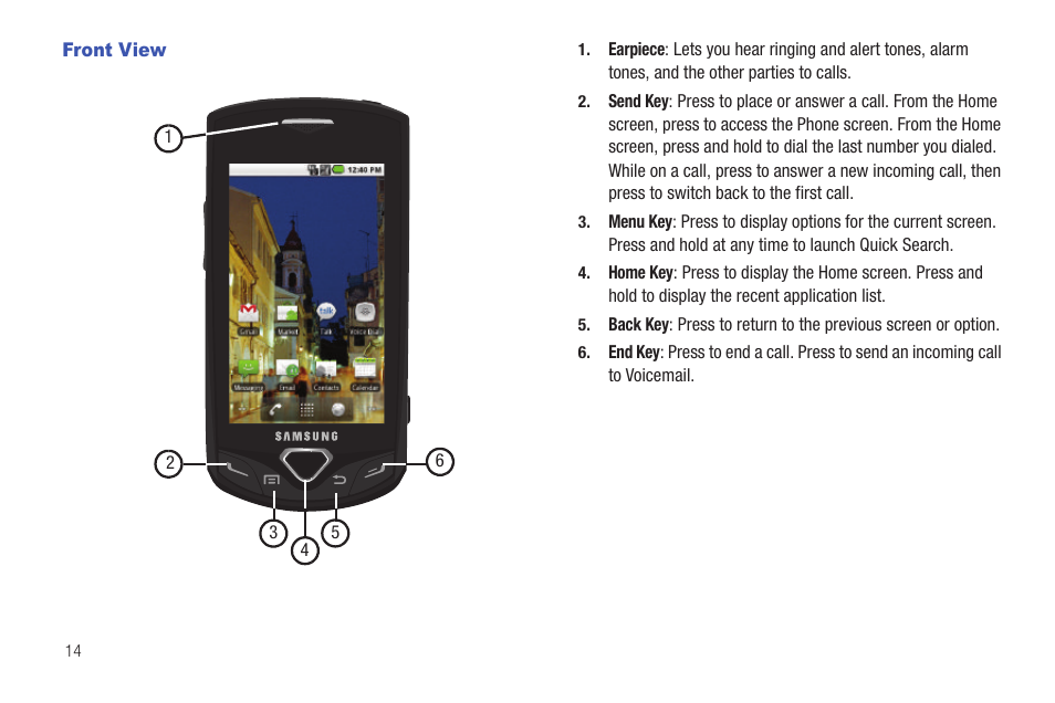 Front view | Samsung SCH-I100ZKAXAR User Manual | Page 18 / 130