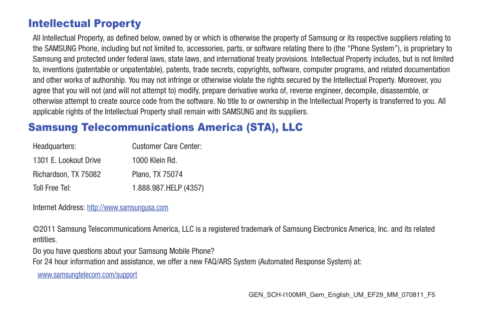 Intellectual property, Samsung telecommunications america (sta), llc | Samsung SCH-I100ZKAXAR User Manual | Page 2 / 130