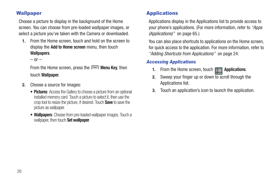 Wallpaper, Applications, Wallpaper applications | Ion, see “wallpaper” on | Samsung SCH-I100ZKAXAR User Manual | Page 30 / 130