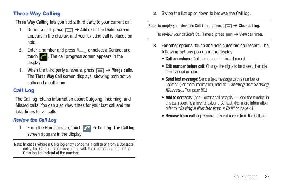 Three way calling, Call log, Three way calling call log | Samsung SCH-I100ZKAXAR User Manual | Page 41 / 130