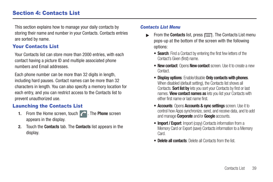 Section 4: contacts list, Your contacts list, Launching the contacts list | Your contacts list launching the contacts list | Samsung SCH-I100ZKAXAR User Manual | Page 43 / 130