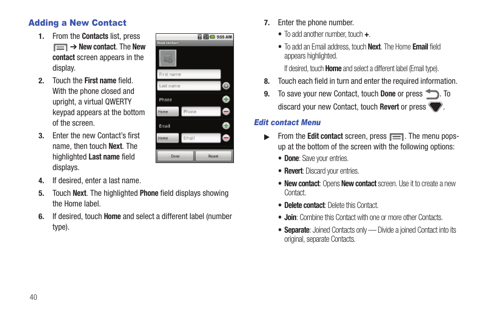 Adding a new contact | Samsung SCH-I100ZKAXAR User Manual | Page 44 / 130