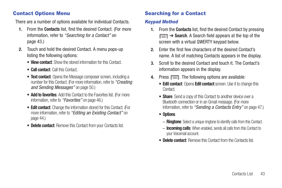 Contact options menu, Searching for a contact, Contact options menu searching for a contact | Samsung SCH-I100ZKAXAR User Manual | Page 47 / 130