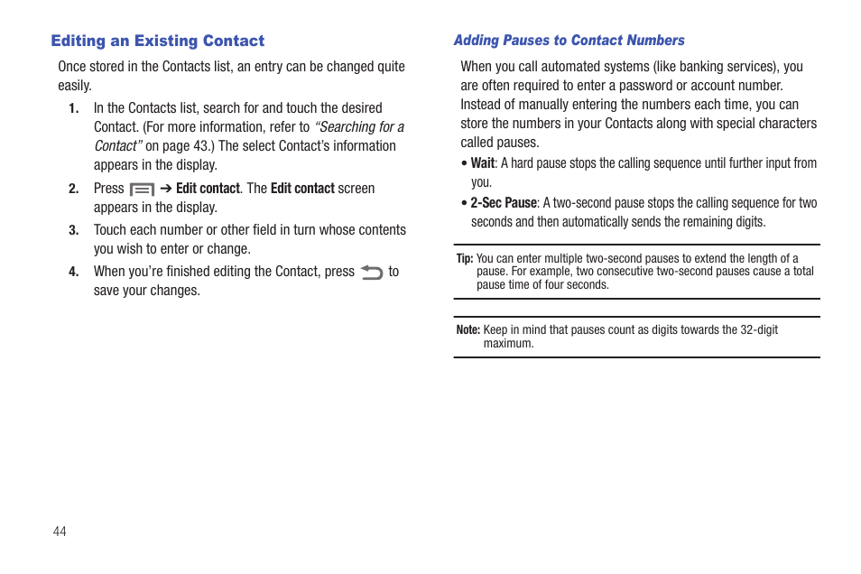 Editing an existing contact | Samsung SCH-I100ZKAXAR User Manual | Page 48 / 130