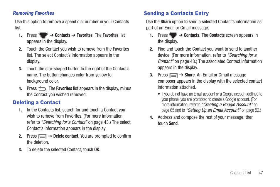 Deleting a contact, Sending a contacts entry, Deleting a contact sending a contacts entry | Samsung SCH-I100ZKAXAR User Manual | Page 51 / 130