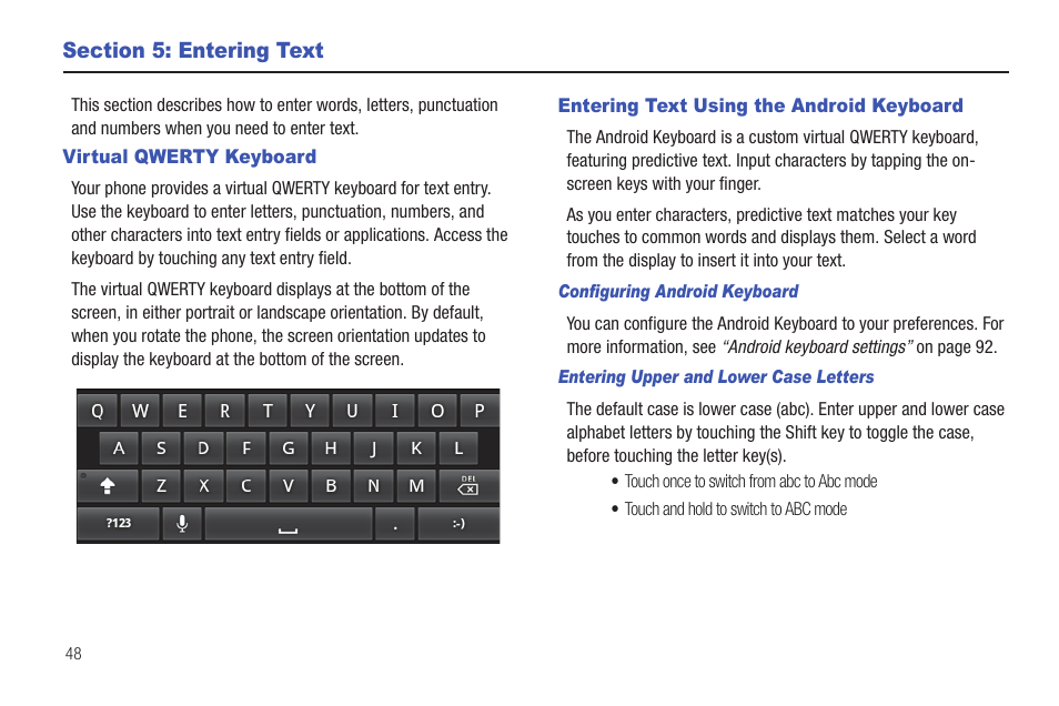Section 5: entering text, Virtual qwerty keyboard, Entering text using the android keyboard | Samsung SCH-I100ZKAXAR User Manual | Page 52 / 130