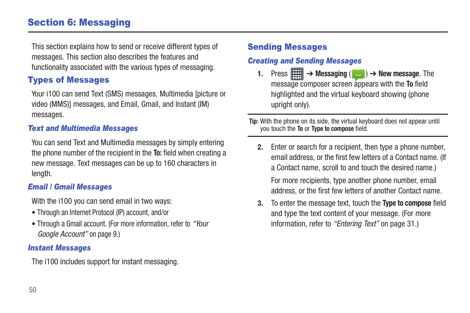 Section 6: messaging, Types of messages, Sending messages | Types of messages sending messages | Samsung SCH-I100ZKAXAR User Manual | Page 54 / 130