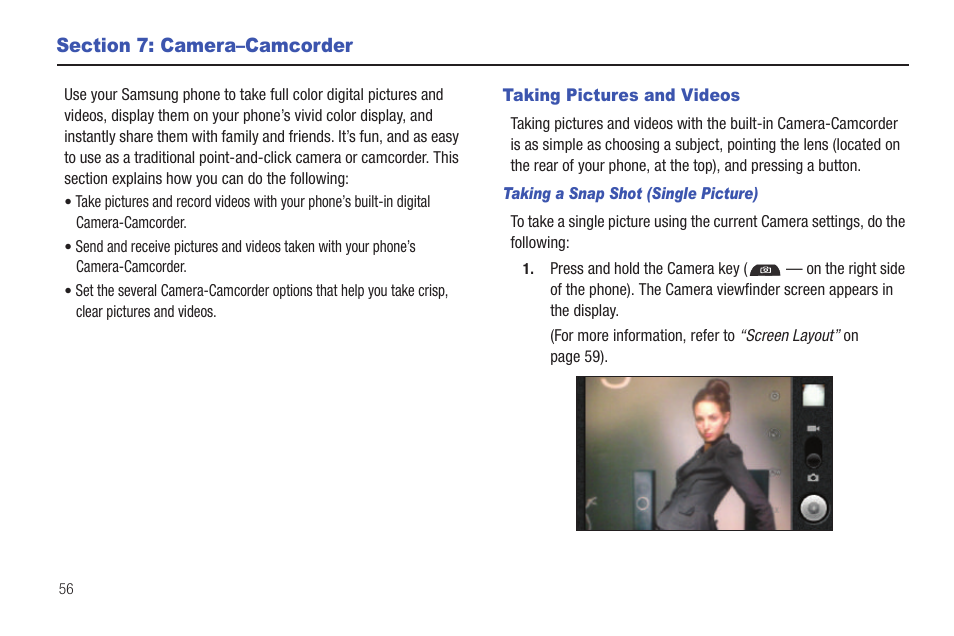 Section 7: camera–camcorder, Taking pictures and videos | Samsung SCH-I100ZKAXAR User Manual | Page 60 / 130