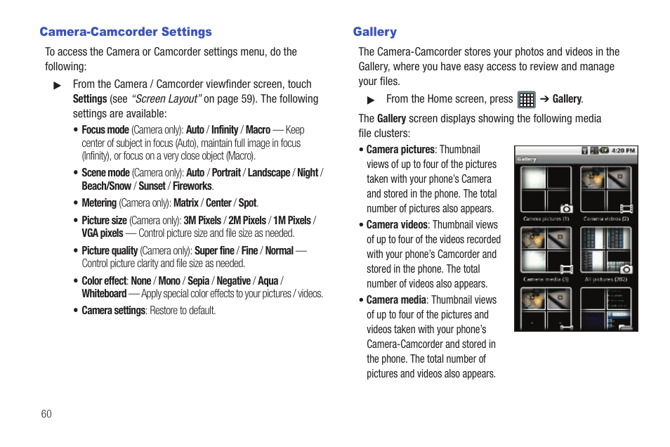 Camera-camcorder settings, Gallery, Camera-camcorder settings gallery | Samsung SCH-I100ZKAXAR User Manual | Page 64 / 130