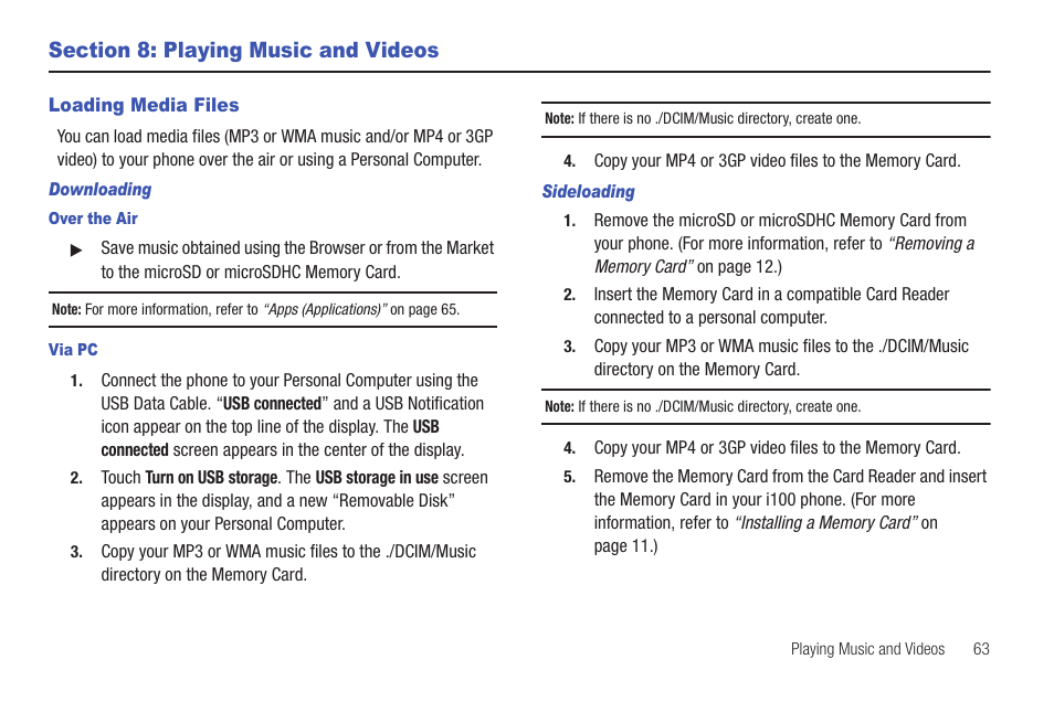 Section 8: playing music and videos, Loading media files | Samsung SCH-I100ZKAXAR User Manual | Page 67 / 130