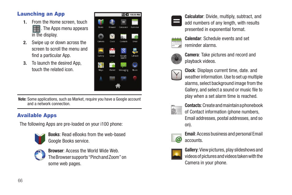 Launching an app, Available apps, Launching an app available apps | Samsung SCH-I100ZKAXAR User Manual | Page 70 / 130